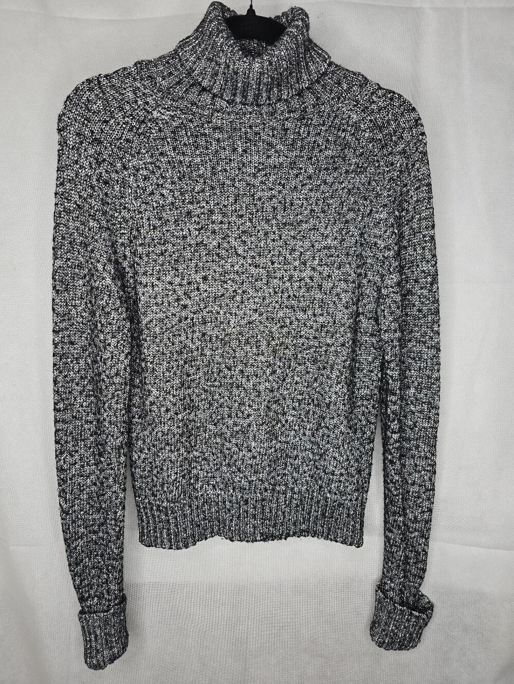 Antropologie Turtleneck Sweater Black Silver Metallic Knit Cuffed Long Sleeve S
